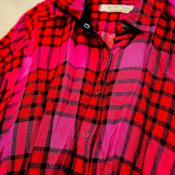 New Free People "Pacific Dawn" Medium Red Plaid Button up Top - Picture 2 of 12